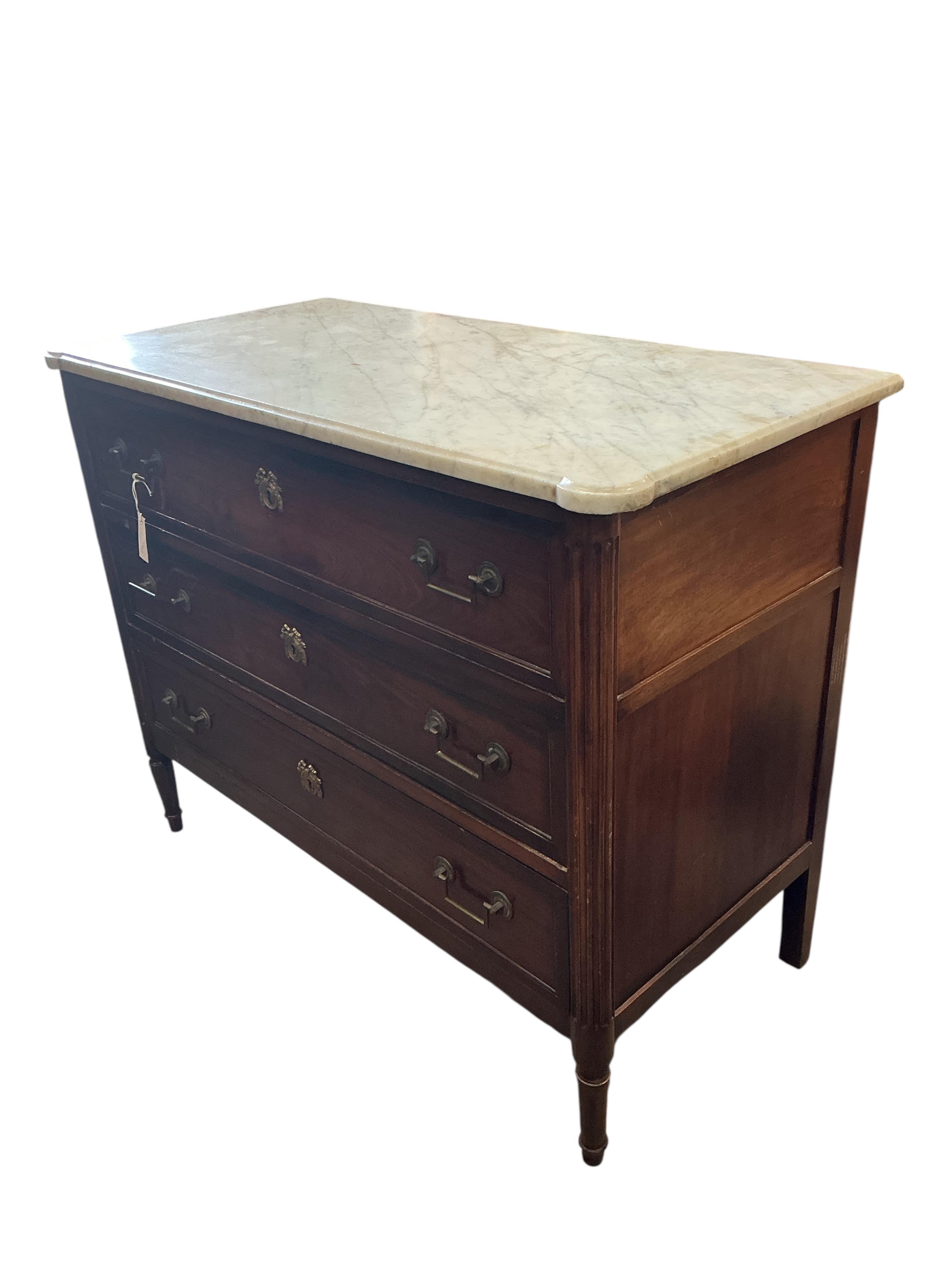 A Louis XVI style marble top mahogany commode, width 112cm, depth 55cm, height 91cm